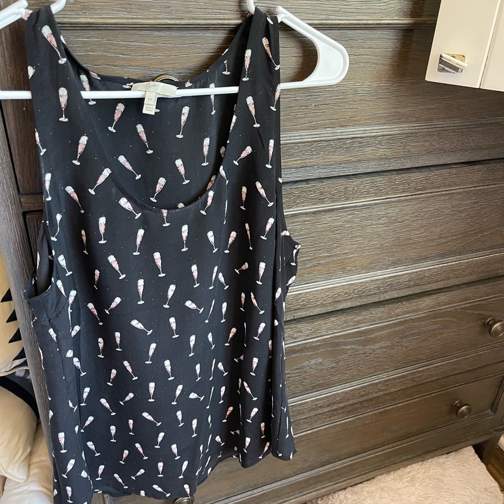 Joie Black 100% Silk Top with Champagne Print